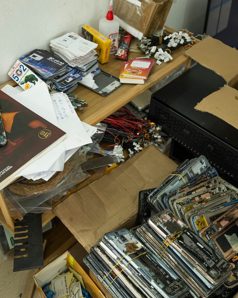Boxes of recycled, stripped down phones.