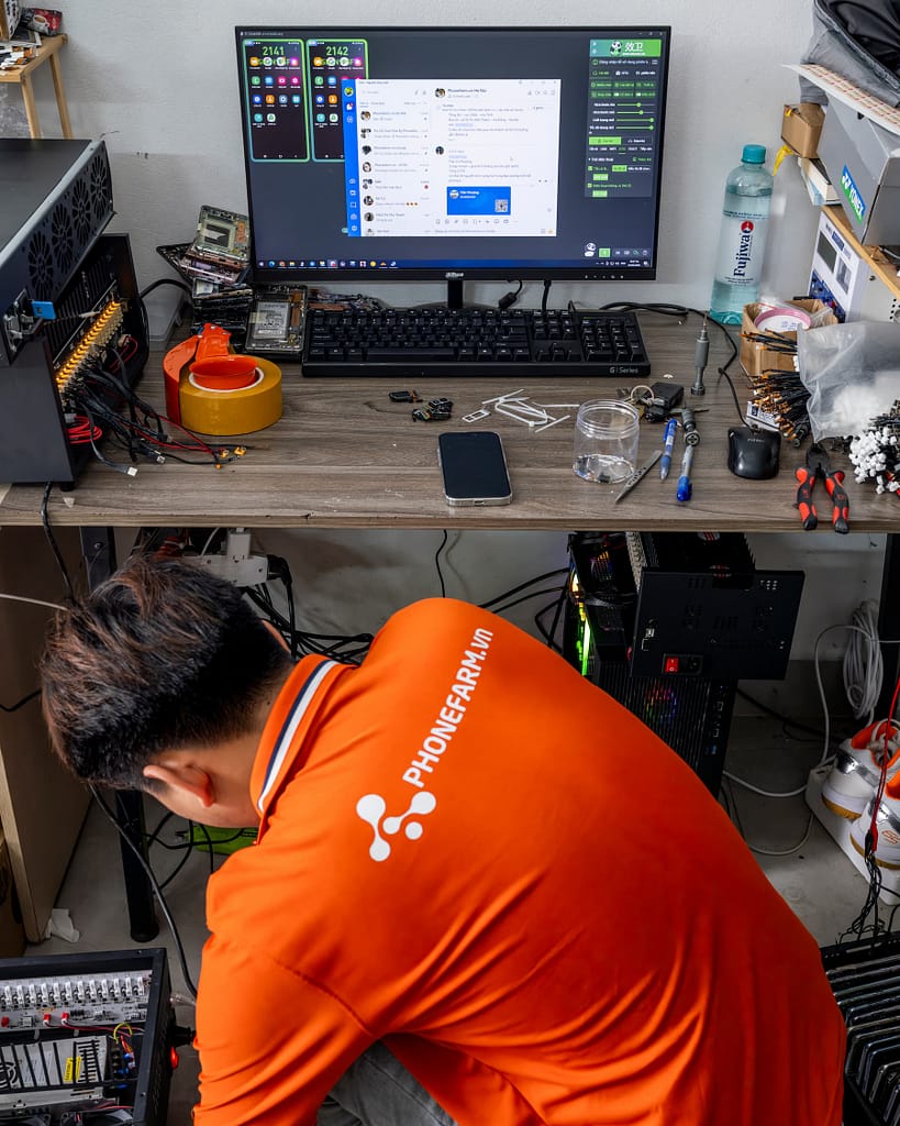 An employee working on a box phone farm.