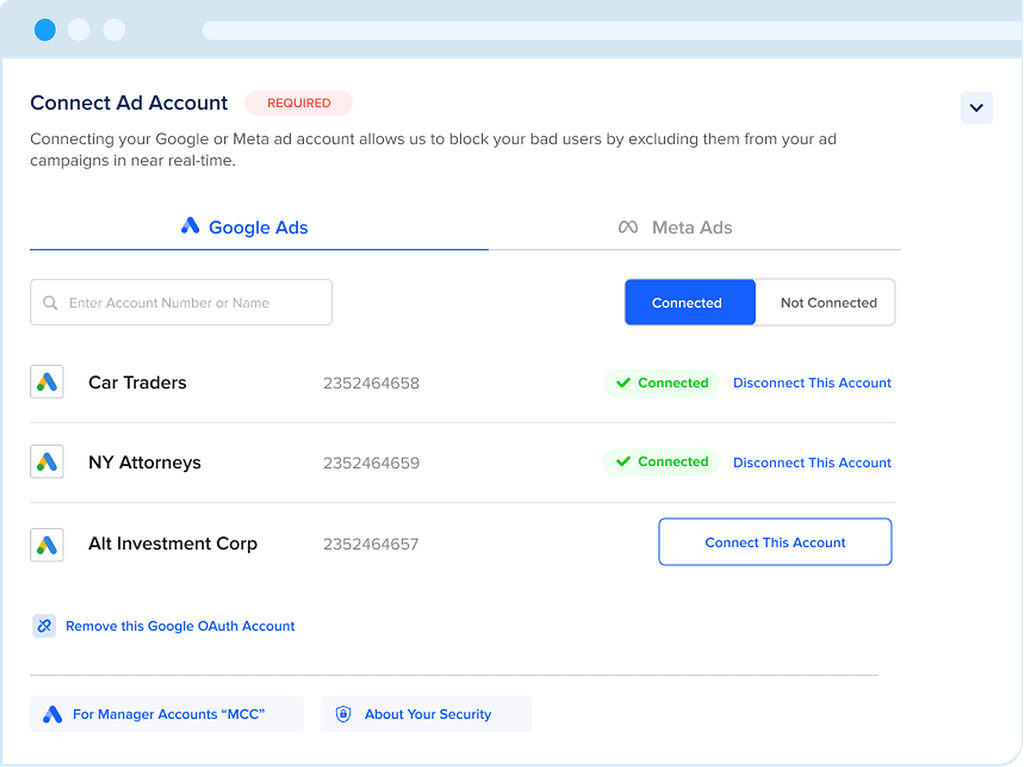 connect your ad account to fraud blocker