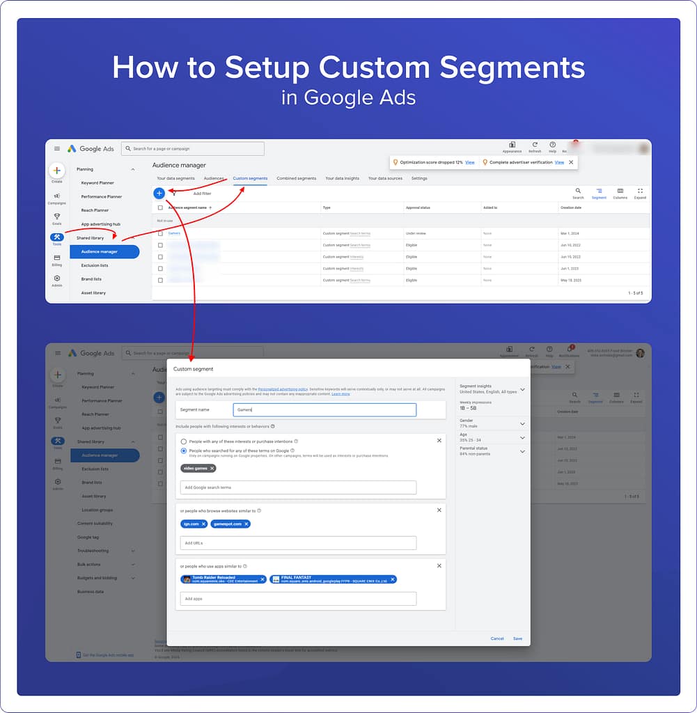 how to set up custom segments in google ads