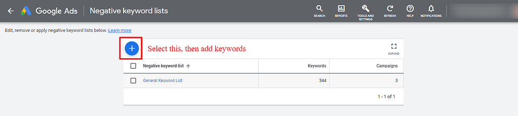 How to add negative keywords to Google Ads - step 2