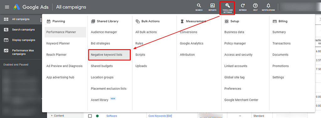 How to add negative keywords to Google Ads - step 1