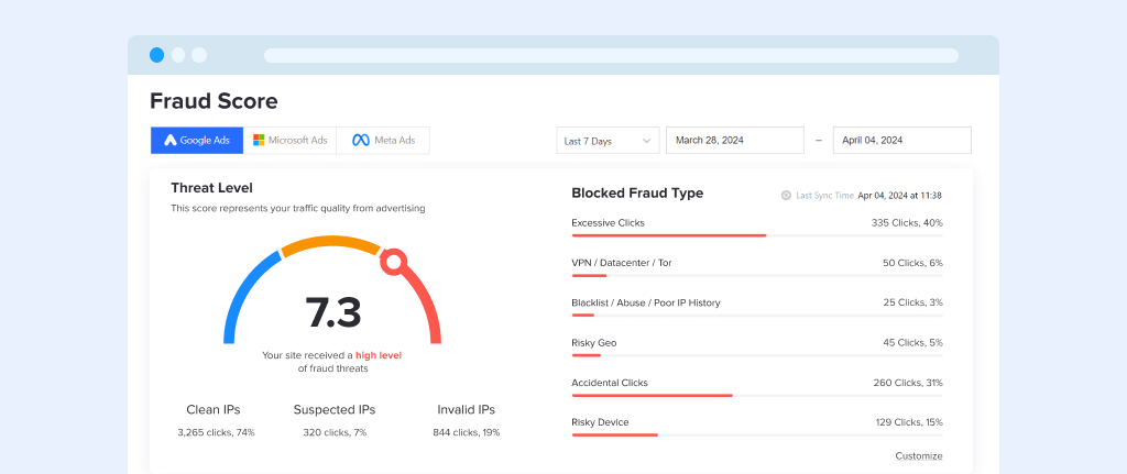 Fraud Blocker dashboard displaying fraudulent clicks fraud detection and prevention