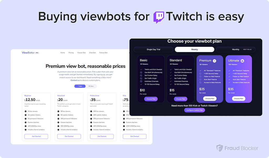 screenshots of online services selling viewbots