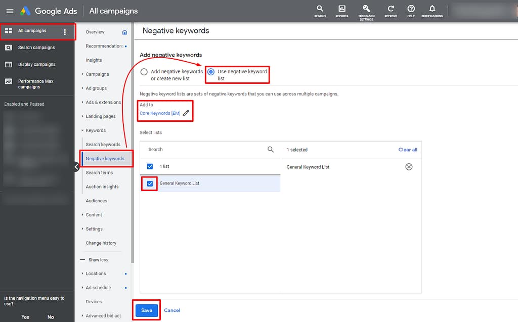 How to add negative keywords to Google Ads - step 3