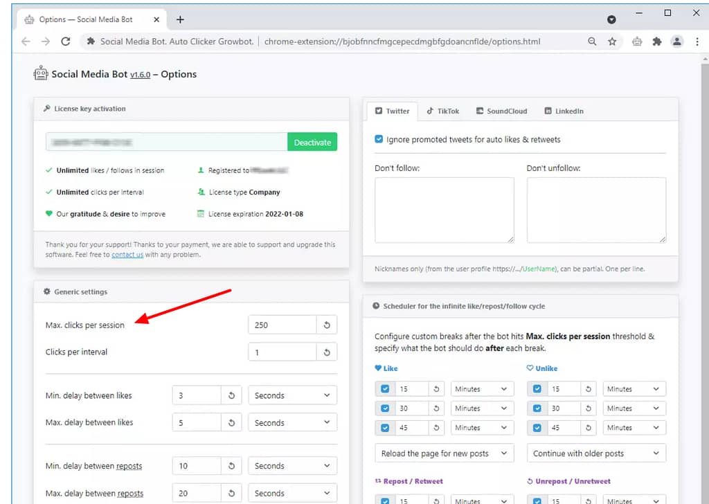 click bot example dashboard