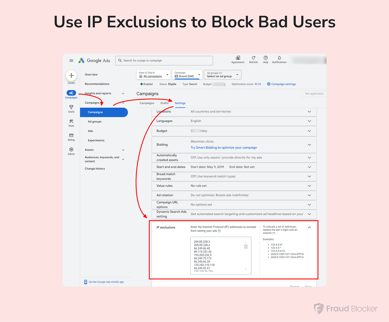 prevent wasted ad spend in google ads - use IP exclusions
