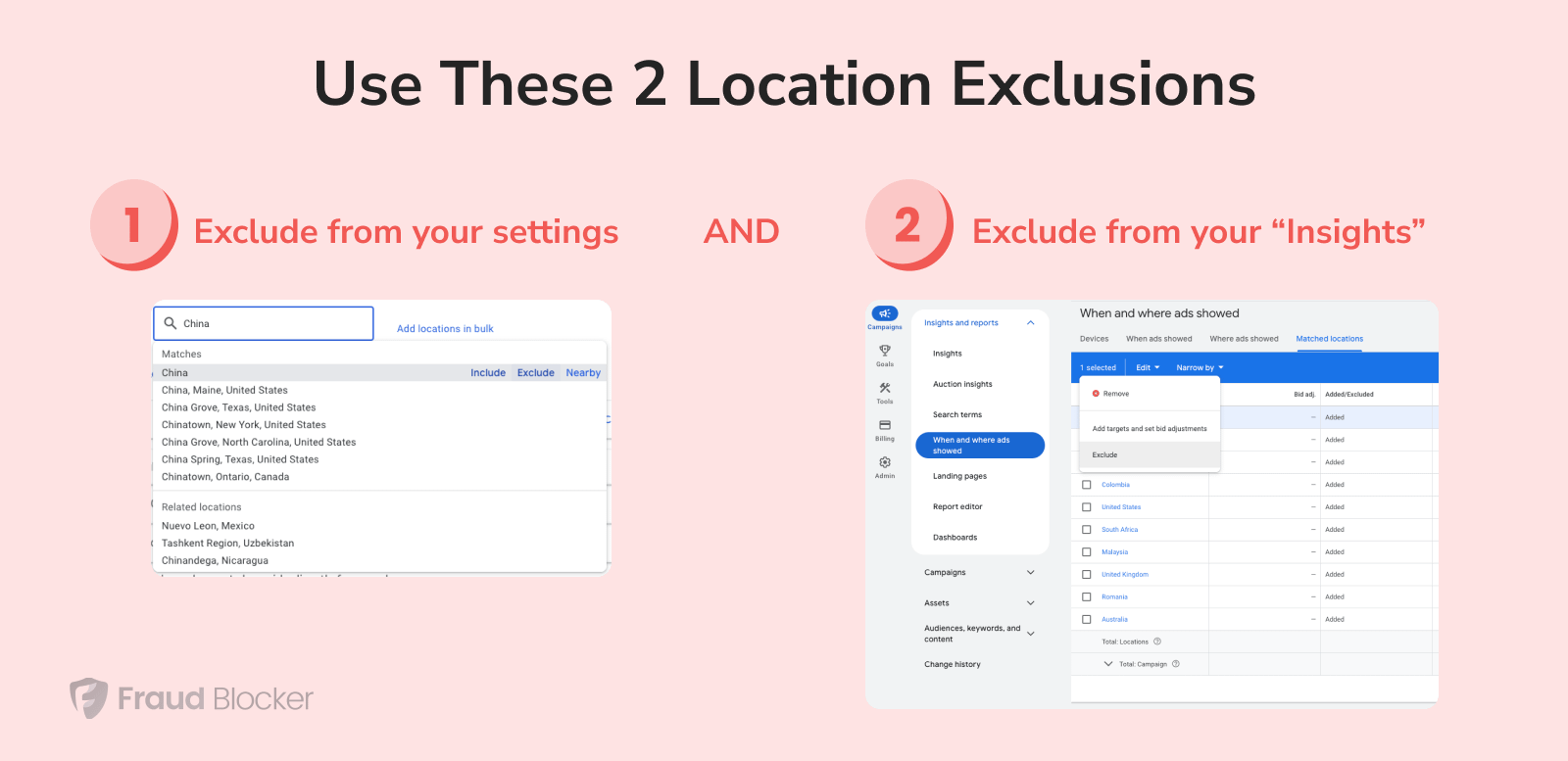 prevent wasted ad spend in google ads - use Location Exclusions