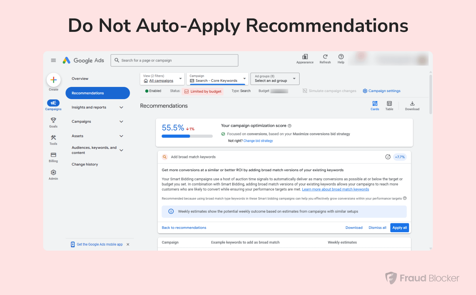 prevent wasted ad spend in google ads - do not auto-apply recommendations