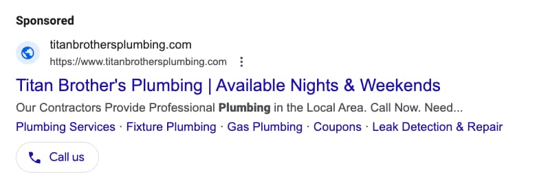 google ads call extension ad example