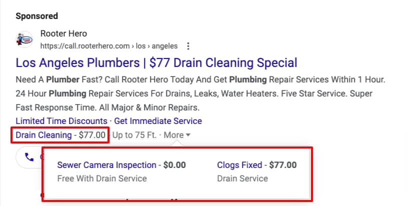 pricing extension google ads